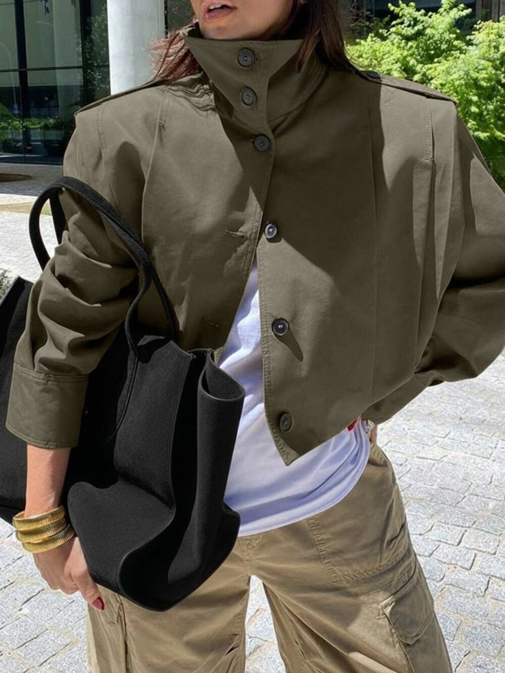 Army Green Casual Women's Pocket Button Short Jacket Windbreaker